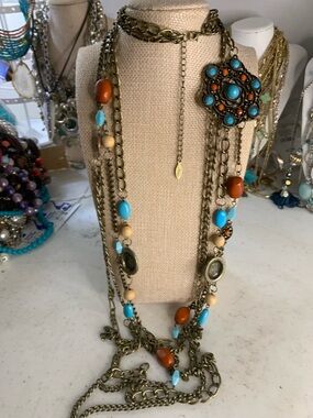 Latasia Boho Multi-Strand Turquoise & Coral Necklace with Antique Gold Accents